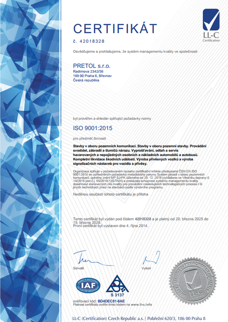 ISO 9001:2015 PRETOL s.r.o.